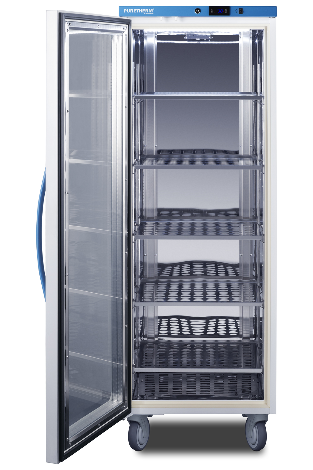 Performance Series hospital blanket warmer with a self-closing glass door, stainless steel interior, digital thermostat, casters, and lock